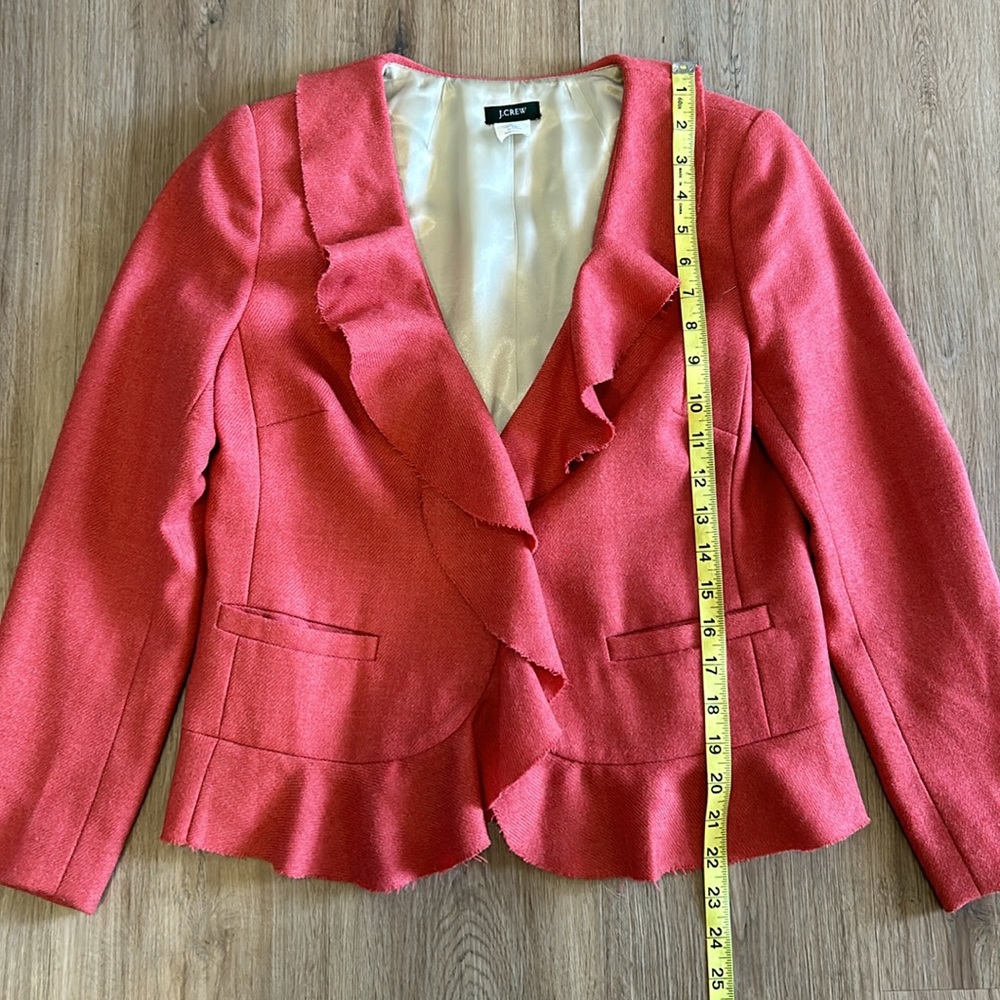 J. Crew Coral Rust Ruffled Raw edges long sleeve blazer. Size 4. Gold lining